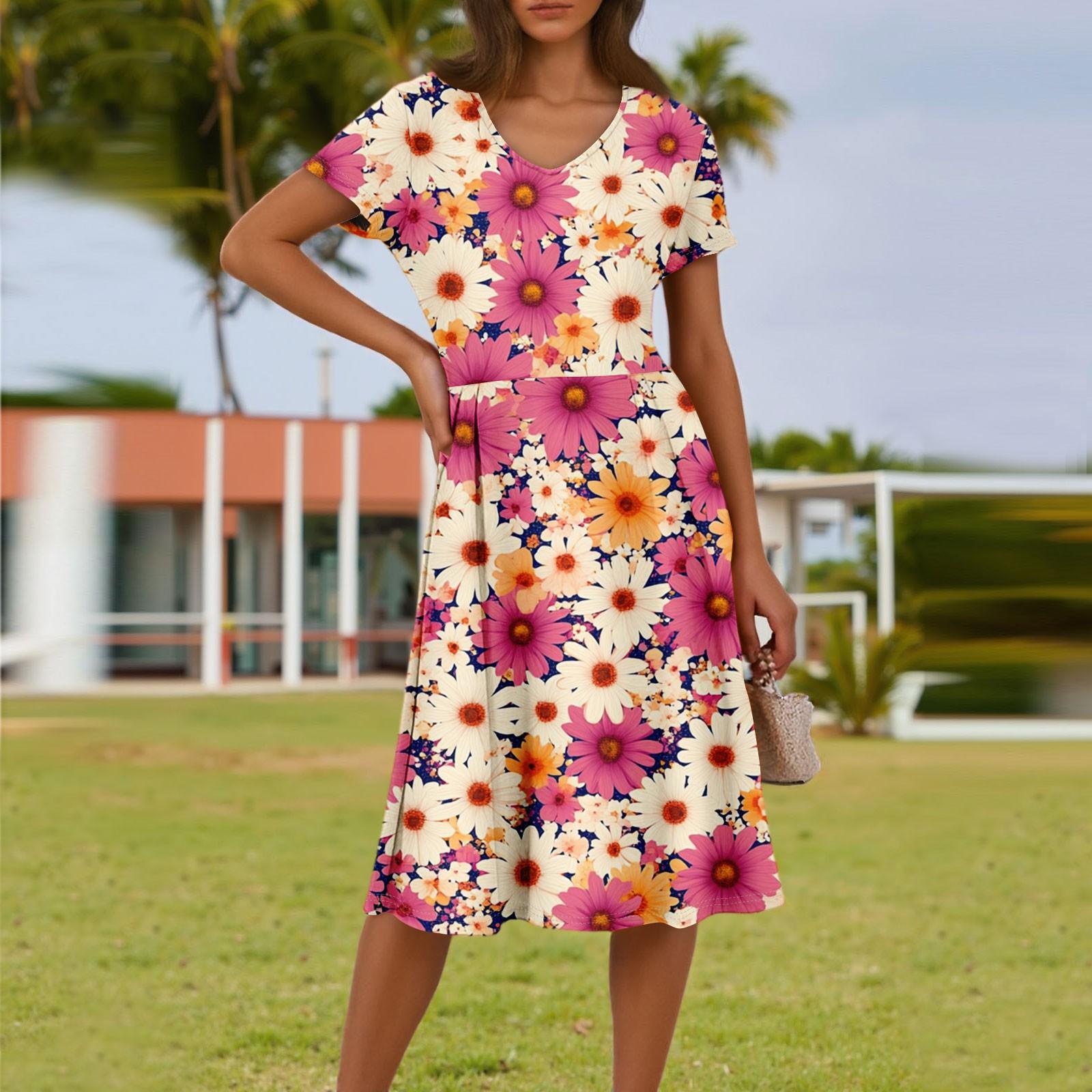 

Женское летнее модное повседневное платье с цветочным принтом, V-образным вырезом, короткими рукавами и карманом XL киноварь