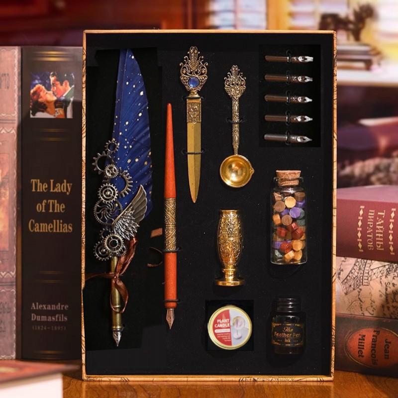Mechanical Feather Dip Pen Set European Vintage Gold Foil Calligraphy Creative Gift