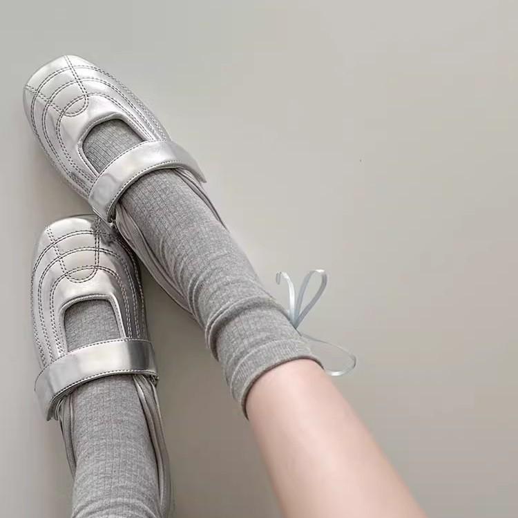 Cowhide Version~ Silver Light Mouth Mary Jane Shoes Women's 2025 New Versatile Casual Commuter Shoes Simple Retro Single Shoes
