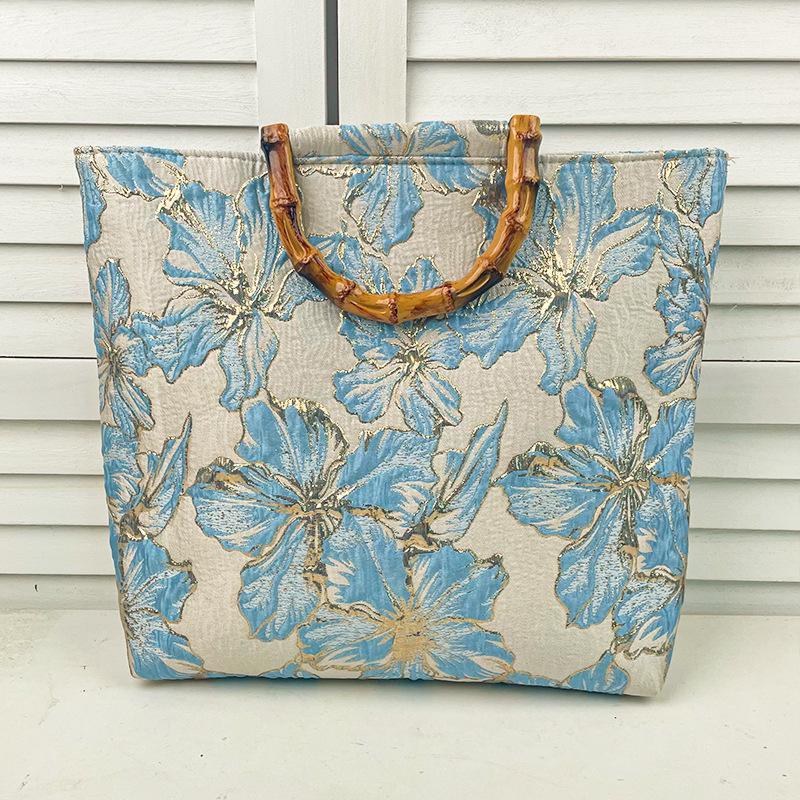 1 шт. новая национальный стиль двусторонний вышивка тиснение трехмерный ручной работы большая вместимость пластик бамбук холст сумка-тоут для поездок на работу