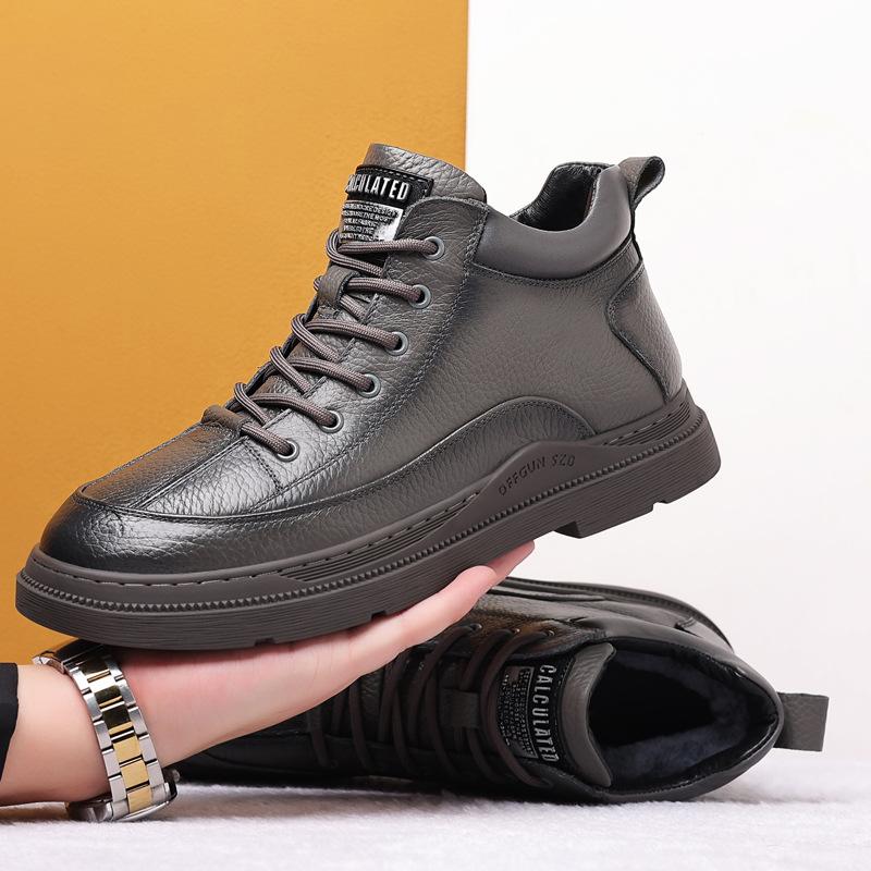 Winter new first-layer cowhide men's cotton shoes genuine leather wool warm men's shoes high-top casual velvet men's leather shoes