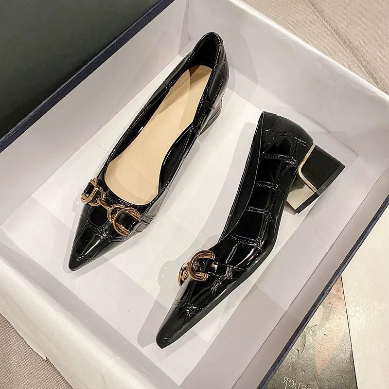 Fashion Shoes For Women 2025 Formal Pointed Toe Ladies Summer Footwear Black Luxury Leather Casual Low Heel Elegant Korean Style