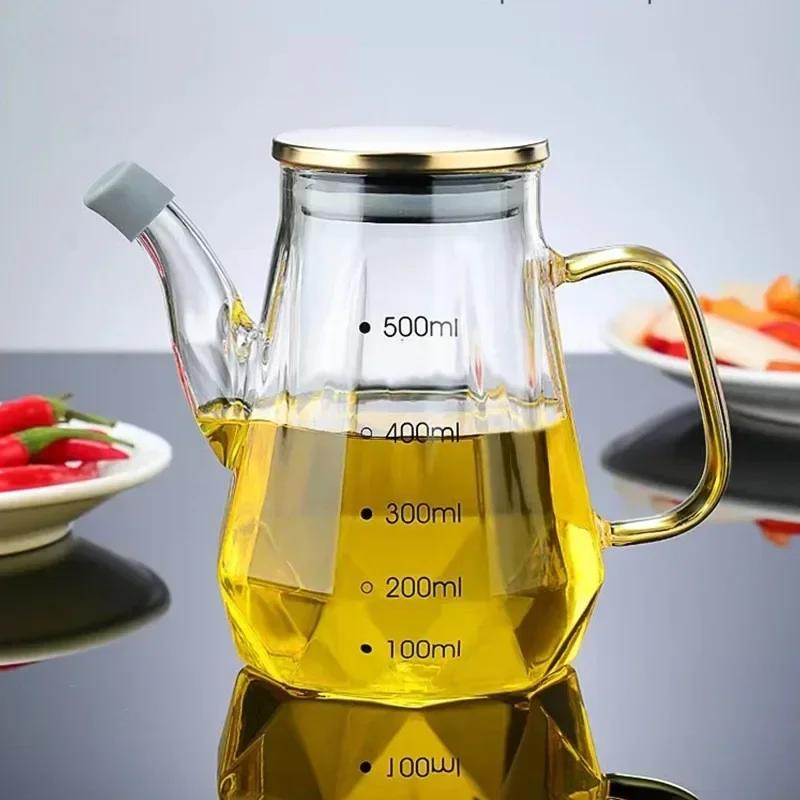 500/700/900ml Diamond Glass Oil Pots Leak Proof Oil Pot with Scale and Handle Kitchen Sauce Vinegar Condiment Storage Container