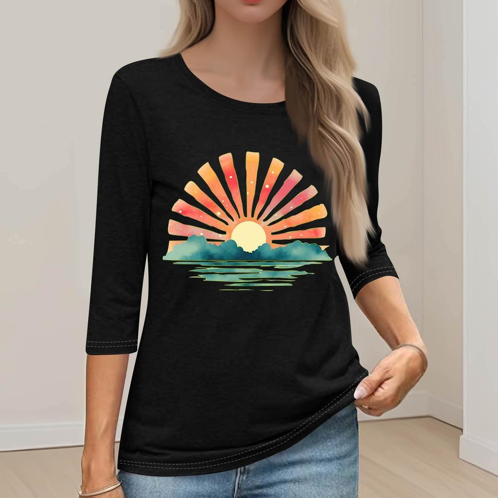 Moda Donna Ampio Casual Manica Sette 3/4 Stampato Girocollo Maglia Pullover