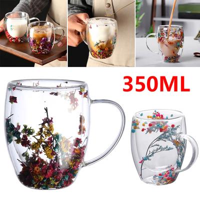 Doppelwandige Glastasse Getrocknete Blumen Milch Kaffeetasse Hoch Borosilikat Hitzebeständig Teetasse Haushaltsküchenbedarf 350ml