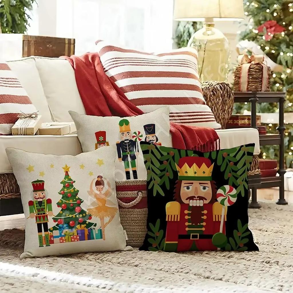 Merry Christmas Nutcracker Decorative Throw Pillow Cover Set of 4 Xmas Tree Cartoon Wooden Soldier Toy Porch Patio Home Decor