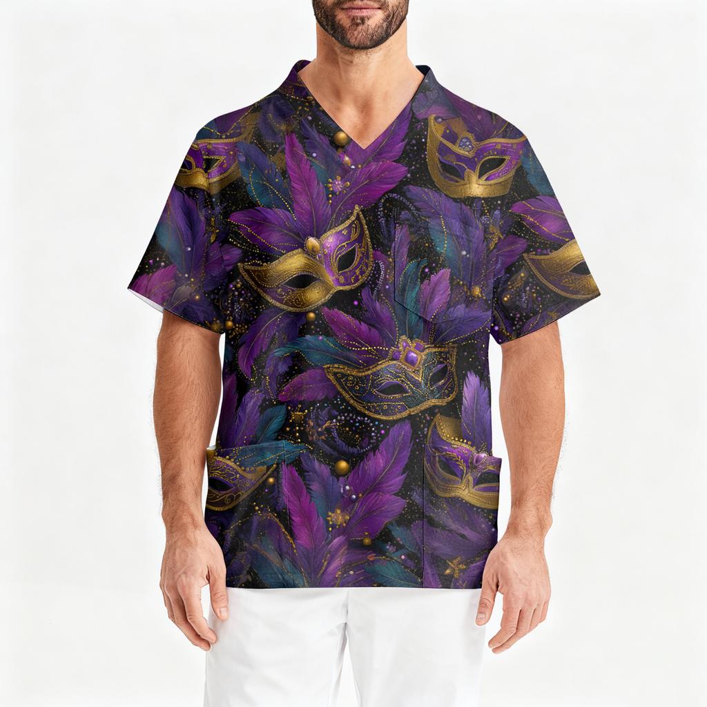 Men's Printing Short Sleeve V-neck Working Blouse Chest Pocket Carer Top