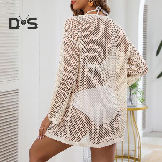Women Beach Cover Up V-Neck Long Sleeve Side Slit Design Sun Protection. Loose Fit See-through Cover Up Dress