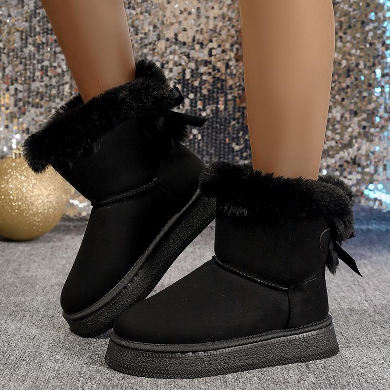 Fashionable Bow Round Toe Elegant Snow Boots Winter Flat Soft Students Plus Velvet Warm Women's Shoes