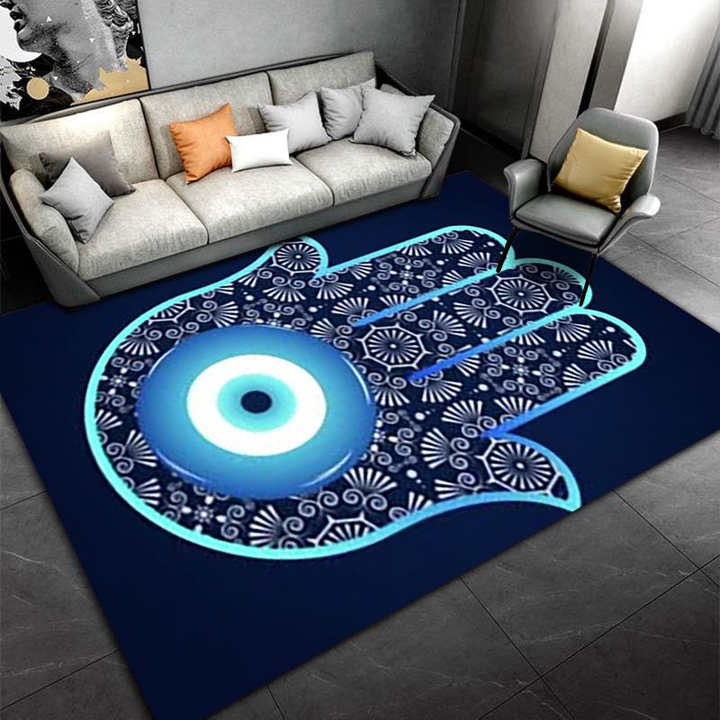 Blue Hamsa Evil Eye Pattern Carpet with Intricate Floral Design Suitable for Use As an Anti-slip for Living Room Bedroom Sofas