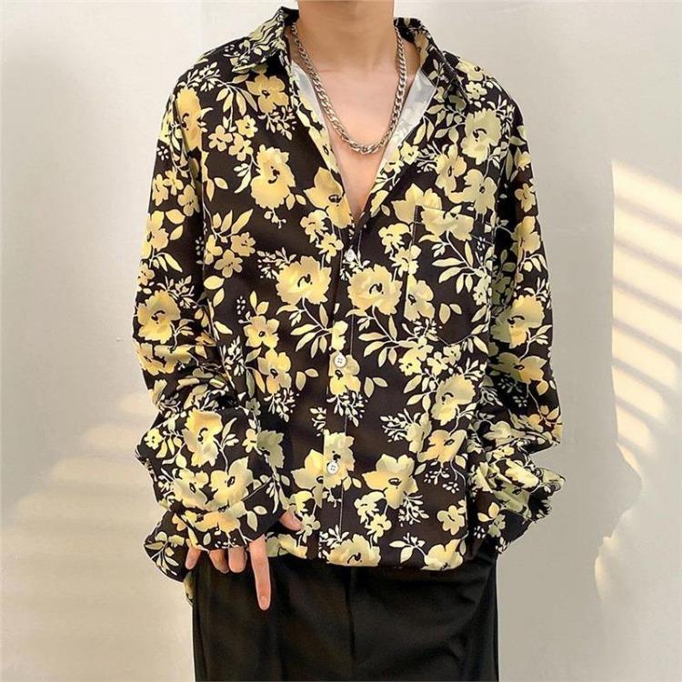 Retro Hong Kong Style Men's Floral Shirt Casual All-Match Jacket Japanese Korean Style Trendy Spring Autumn Fashion