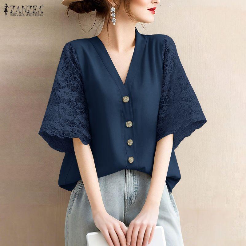 ZANZEA Women Casual V-Neck Loose Lace Splice 3/4 Sleeve Blouse