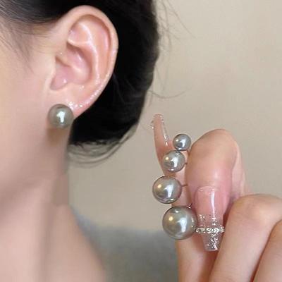 Shijia Gray Pearl Round Earrings: Retro French Design, Elegant All-Match Jewelry for Women