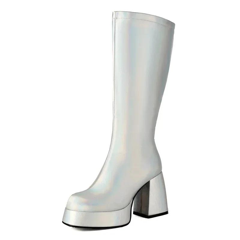 Metallic Silver Gold Microfiber Knee High Boots Women Chunky Heels Party Dress Lady Winter Zipper Plush Gogo Platform Long Boots