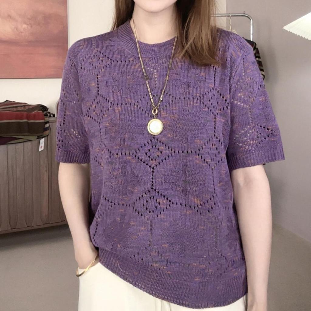 2026 Iridescent Round Neck Short Sleeve Knit Top - Women's Loose Slimming Fit