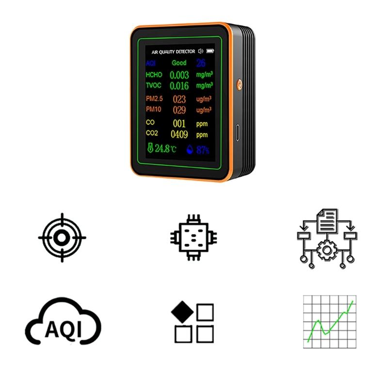 Air Quality Pollution Meter HCHO TVOC CO CO2 PM2.5 PM10 Temperature Humidity Meter with Buzzers Tester Color Display