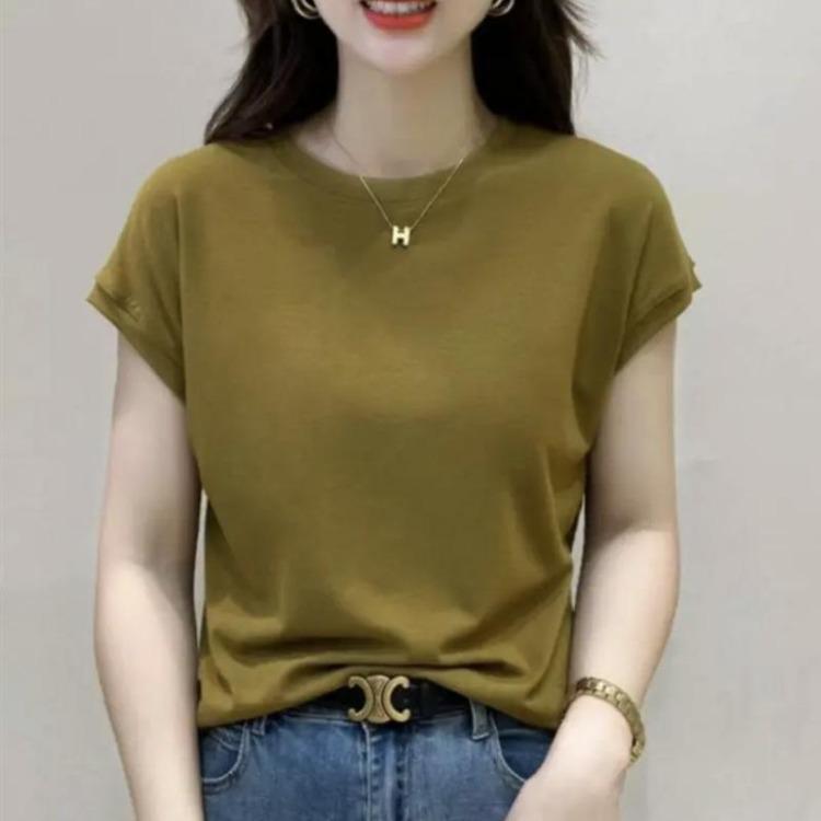 

Summer Women Loose Short Sleeve Top Solid Color Round Neck T Shirt Fashion Design Sense Small Flying Sleeve M