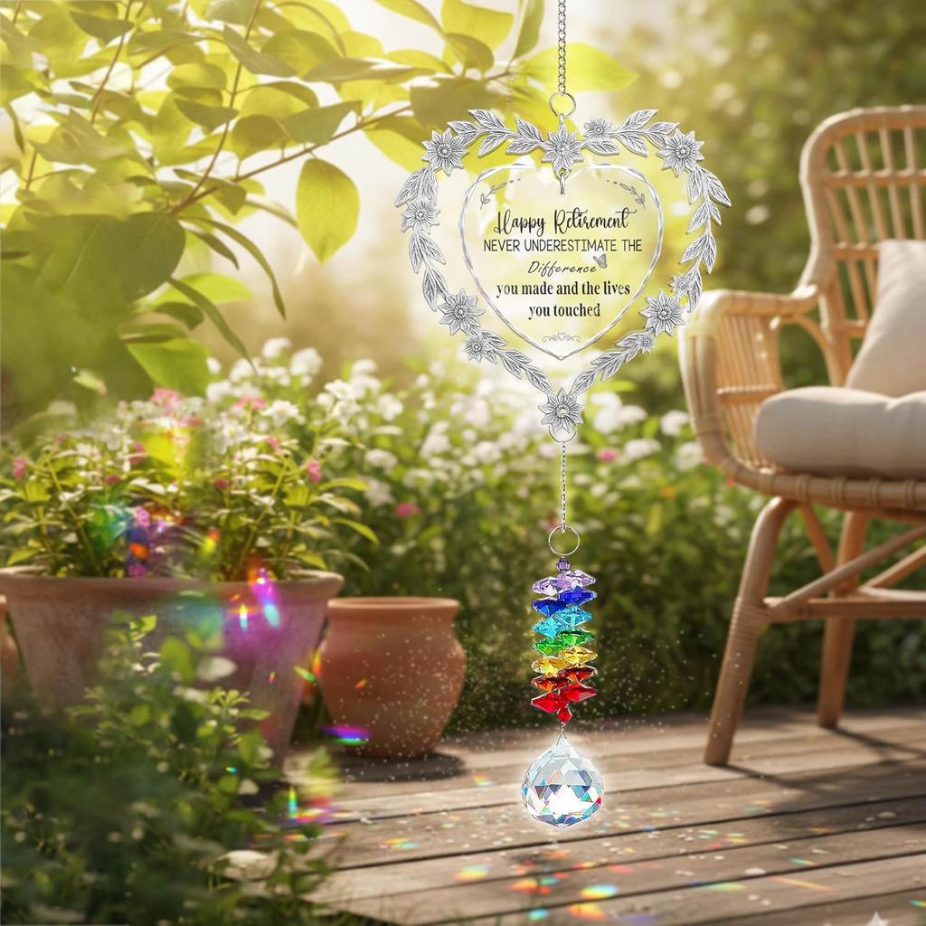 Retirement Heart Suncatcher Ornament – Crystal Rainbow Prism with Engraved Quote “Happy Retirement” – Meaningful Gift for Retirees,