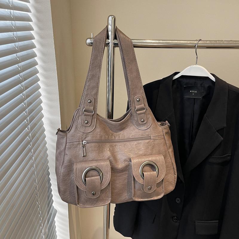 Myk skinn tote bag dame retro multifunksjonell skulderveske håndveske