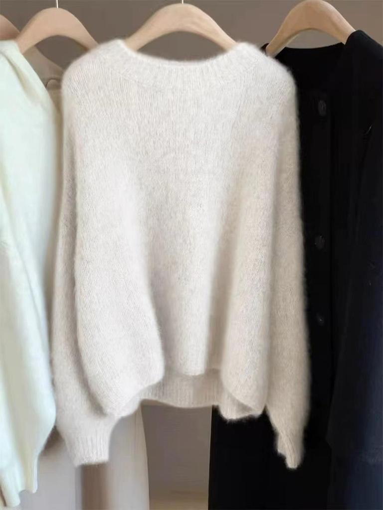 Women's Soft Wool-Cashmere Round Neck Loose Knit Sweater Cardigan