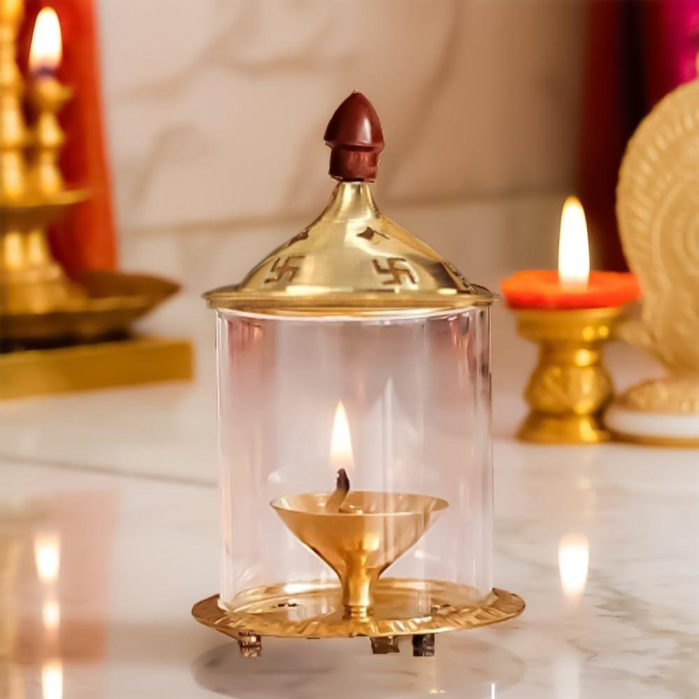 Brass and Glass Akhand Deep Diya with Cover for Puja | Deepam Jyot Diya Oil Lamp | Pooja Articles and Pooja Items for Home Temple 4.8 Inch