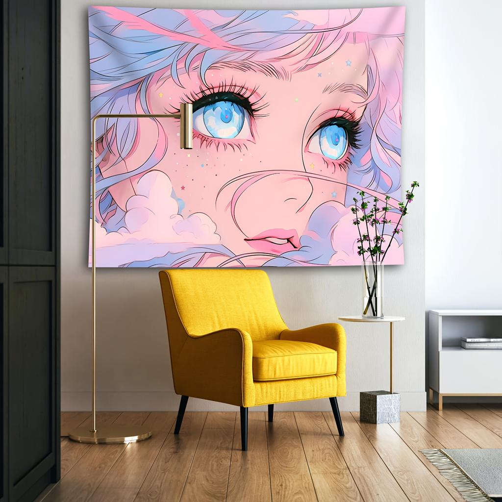VIKAMA Anime Girl Eyes Tapestry Macaron Gradient Print Cozy Bedroom  Dorm Background Decoration Tapestry