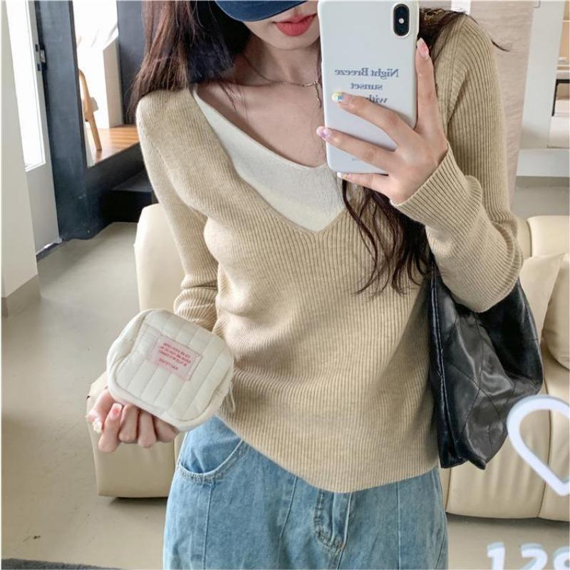 Temperament V-neck Knitwear Bottoming Tops Women's Autumn Slim Thin Pullover Sweater
