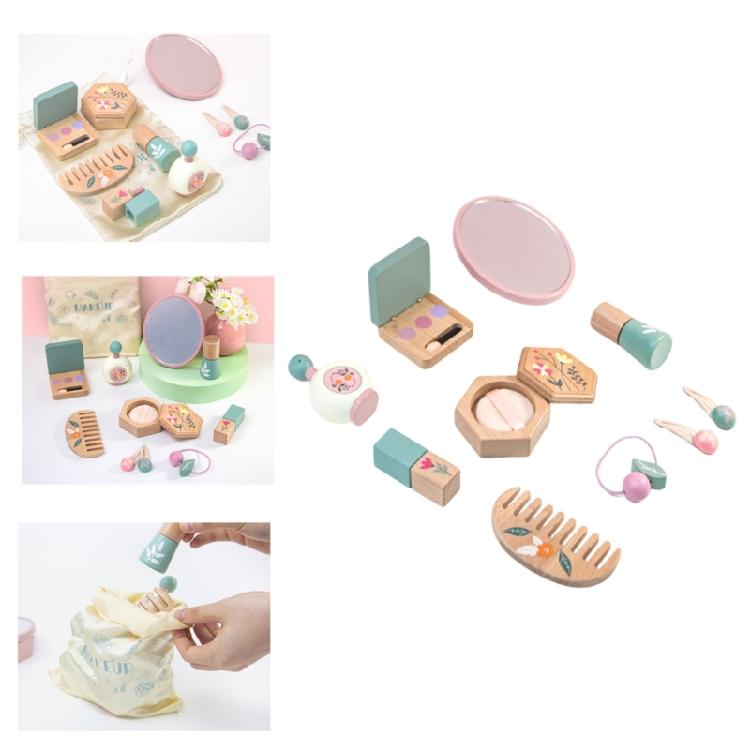 Kids Wooden Pretend Beauty Set 10Pieces Makeup Toy Set For Girls Age 3 4 5+ Includes Cosmetic Tools Mirror Creative Play Gift