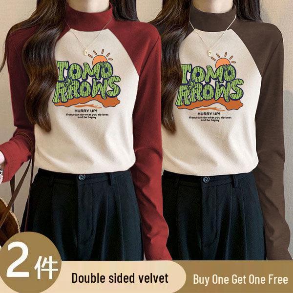 

Women s Two-Piece Color Block Velvet Turtleneck Slim Shirt - Winter Collection L [For 105-115 lbs]
