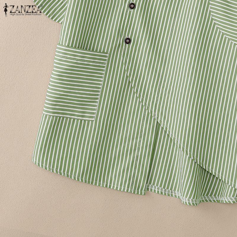 ZANZEA Women Casual Turn Down Collar Loose Short Sleeve Stripe Blouse