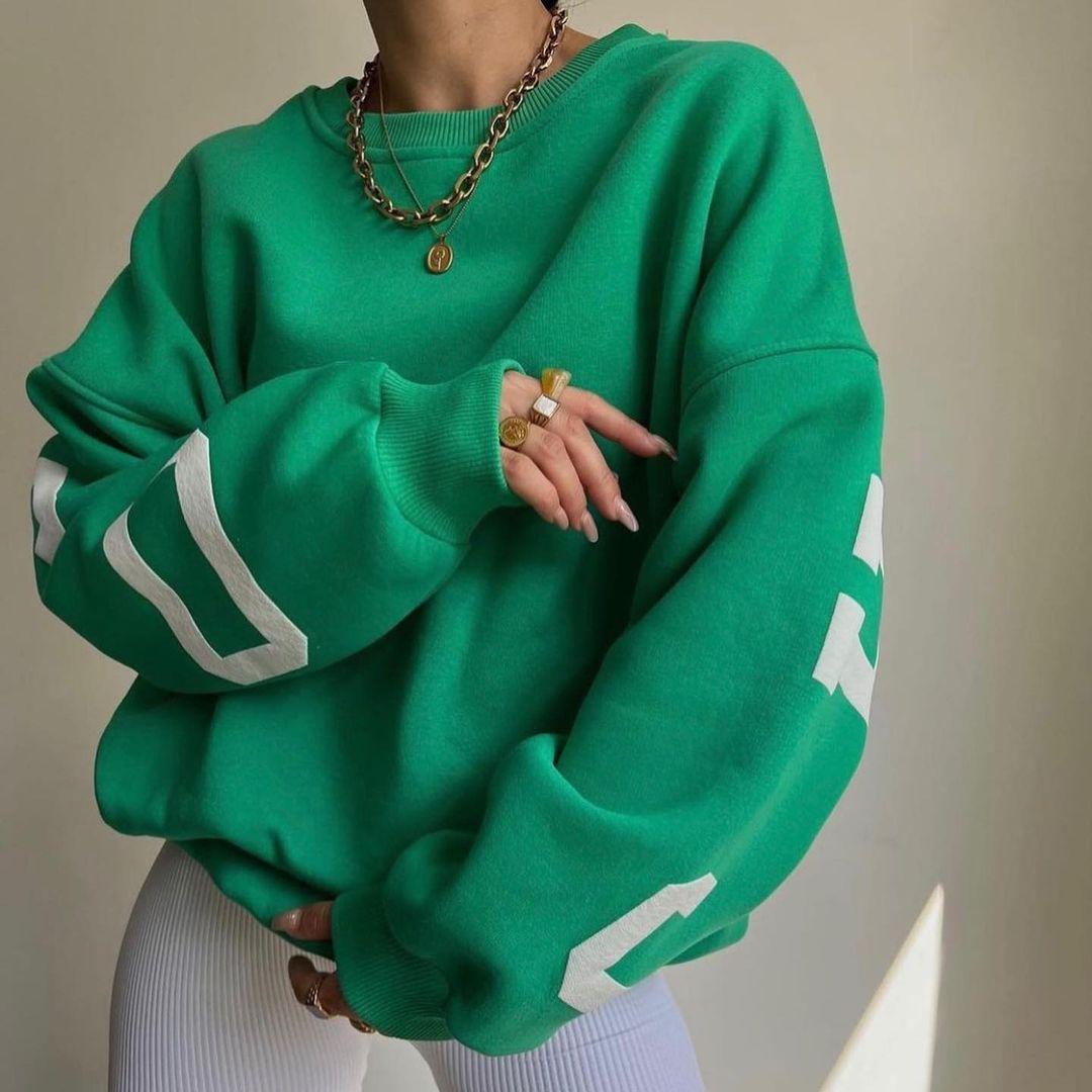 

Осенние и зимние хип-поп новые женские толстые толстовки оверсайз с круглым вырезом и буквенным принтом XXL зелёный