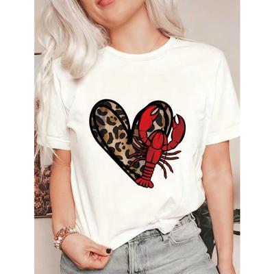 Übergroßes T-Shirt Schwarz Hummer Herz Leopardenmuster Sommer Freizeitkleidung