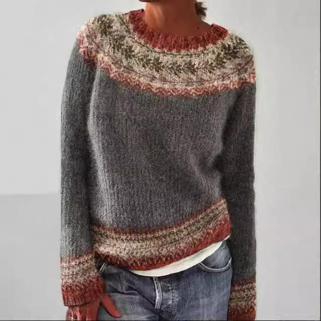 European & American Women's Color-Block Round Neck Fashion Pullover Sweater