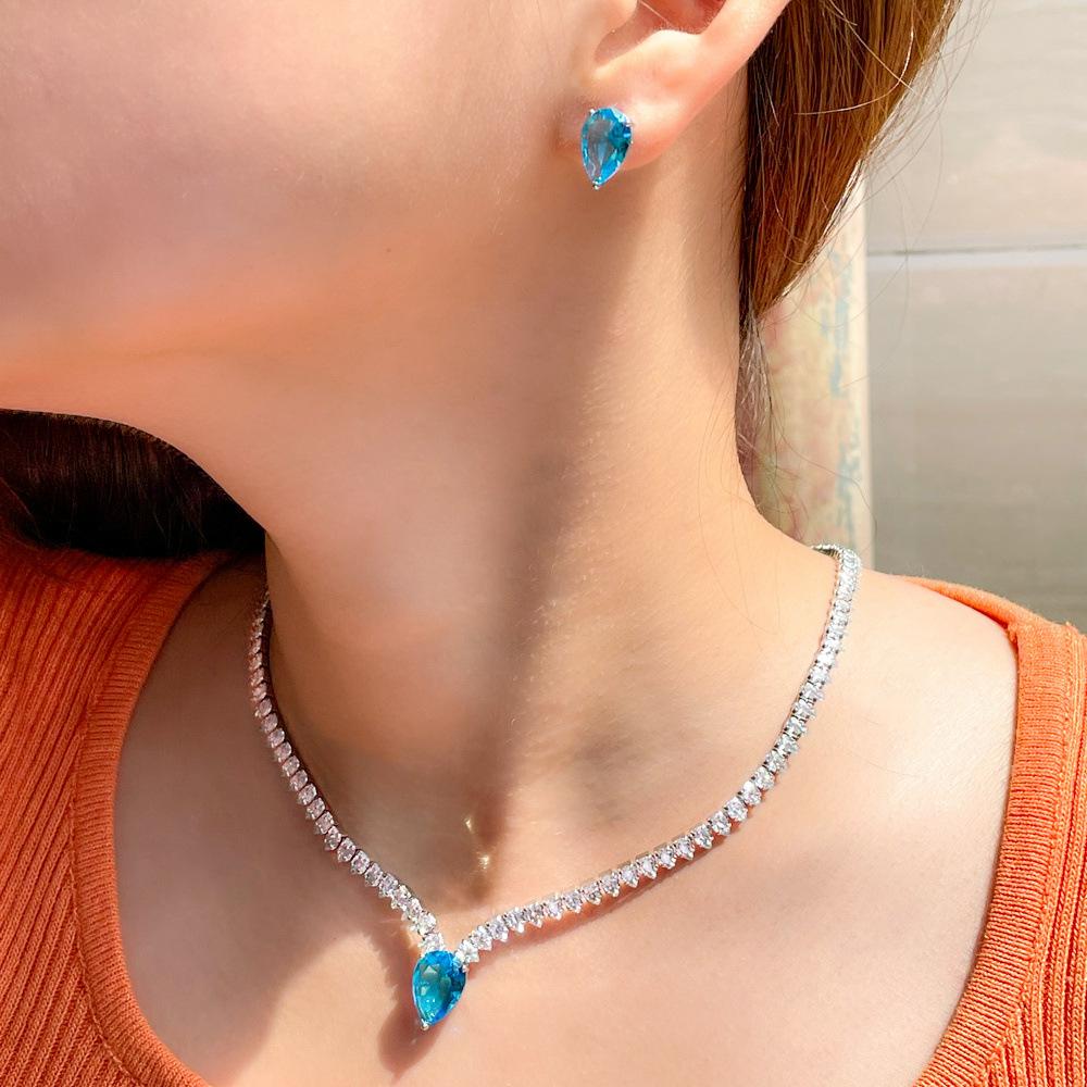 Tide Creative Shiny Zircon Bright Diamond Water Drop Necklace Earrings Two-Piece Set