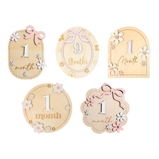Baby Monthly Milestone Ornaments, Wooden Growth Markers with 3D Bow And Flower Decoration, Baby Monthly Milestone Cards for Baby Photos Keepsake