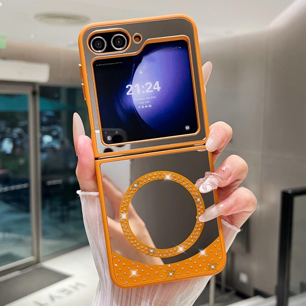 

Magnetic Wireless Charging Case For For Samsung Galaxy Z Flip 6 5 4 3 Makeup Mirror Bling Sparkling Diamonds Shockproof Hard Cover Galaxy Z Flip3 5G