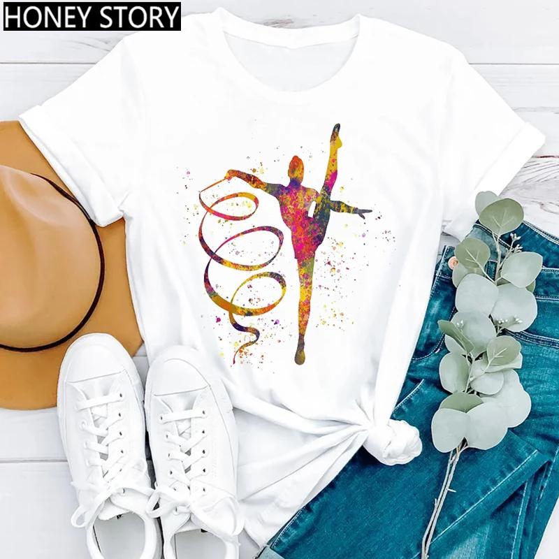 Gymnastik Ballerina Tänzerin T-Shirt Aquarell Gymnastik Ballett Tänzerin Druck T-Shirt Frauen Grafik T-Shirts Ästhetische Kleidung