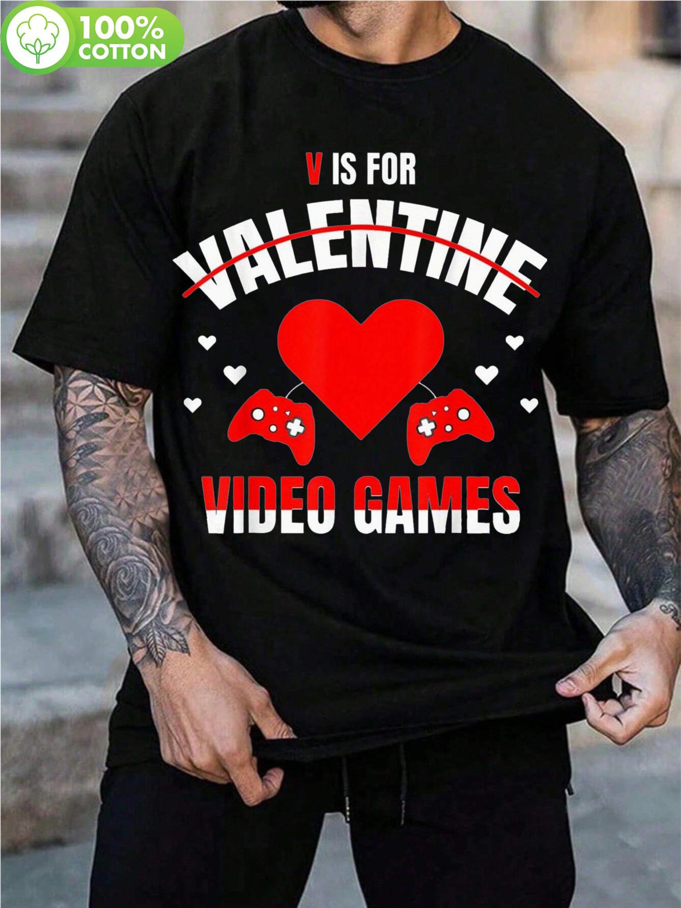 Funny Video Game Valentine T-shirt for Gamers - 100% Cotton Black Short Sleeve Tee with V-Day Heart & Controller Graphic L