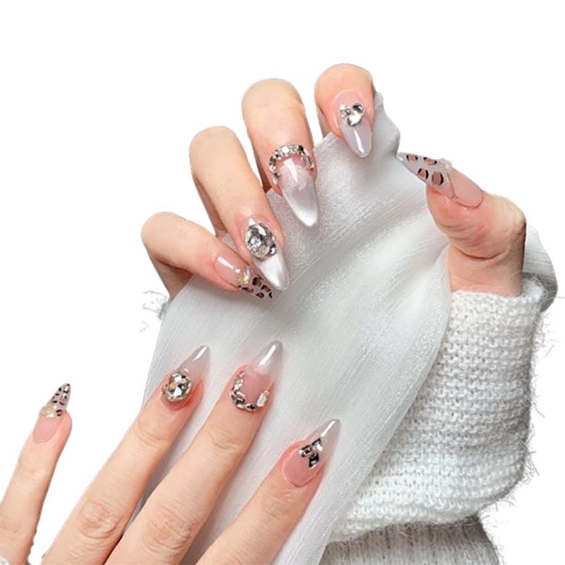 Leopard Print Cat Eye Almond Wearable Nails – Short, Handmade, Bling Nail Art for Spicy Girl Style