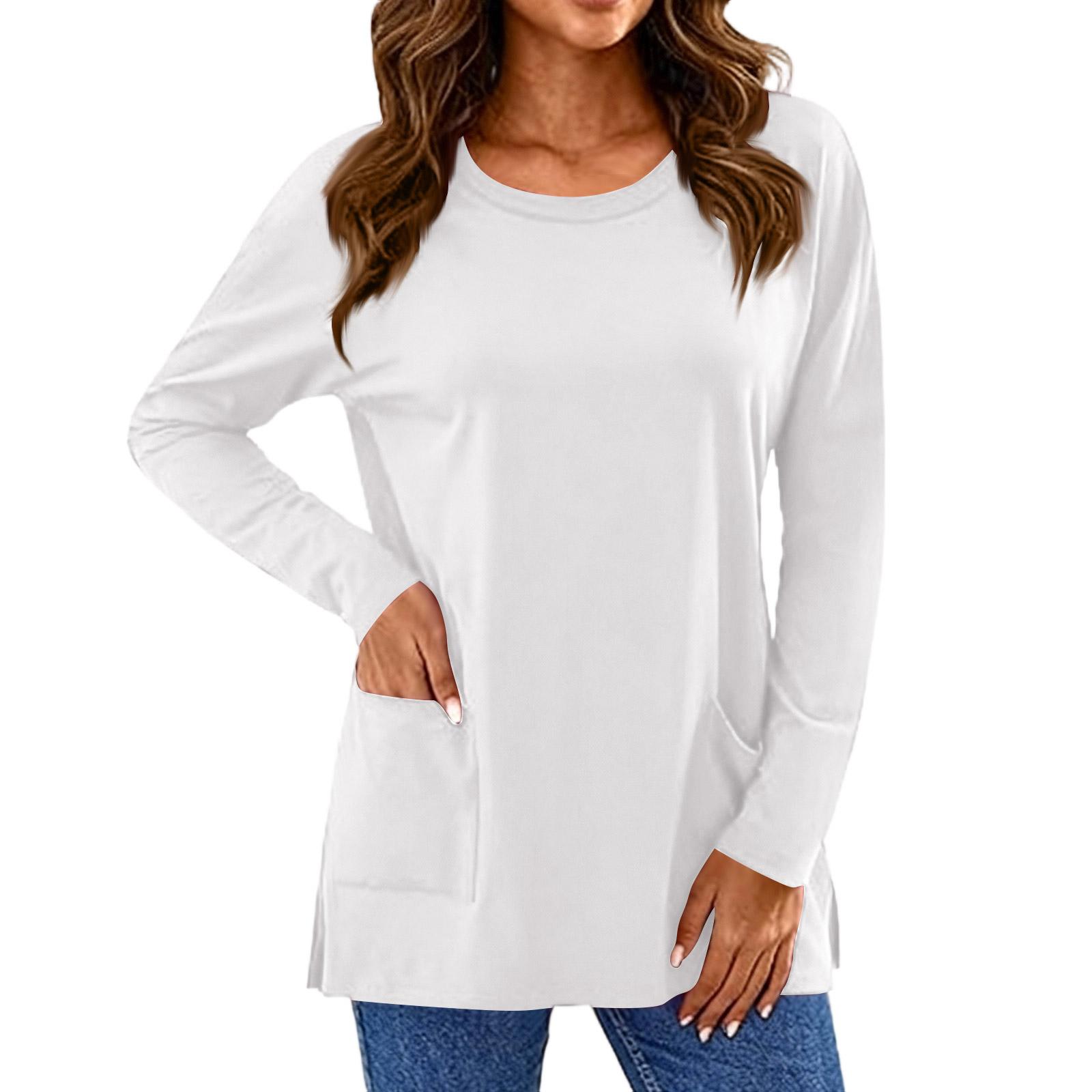 

Women s Fashion Color Long Sleeve Round Neck Pocket T,Shirt Top XXL білий