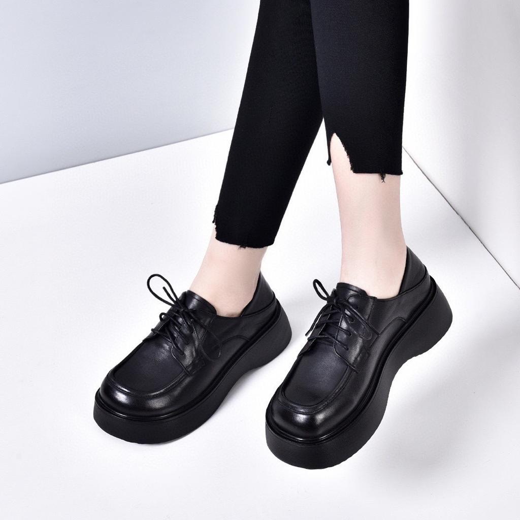 Women's Shoes 2025 Spring New Single Shoes Thick-soled Muffin Bottom First Layer Cowhide Lace-up Two Wear Flat-bottomed Round Head Casual Shoes