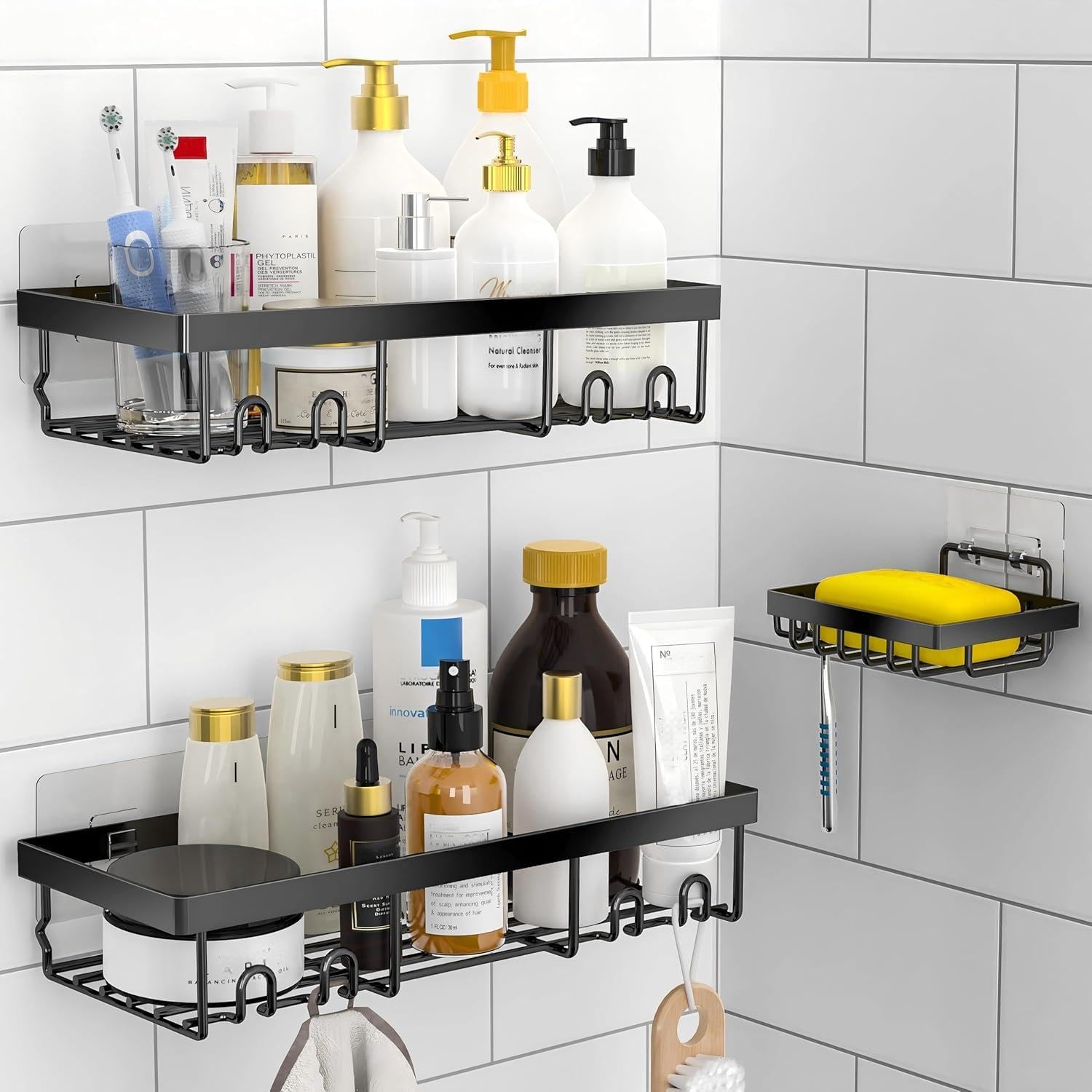 Moforoco 3-Pack Shower Caddy Basket Shelf with Soap Holder, No Drilling Traceless Adhesive Shower Wall Shelves, Rustproof Black Bathroom Shower чёрный