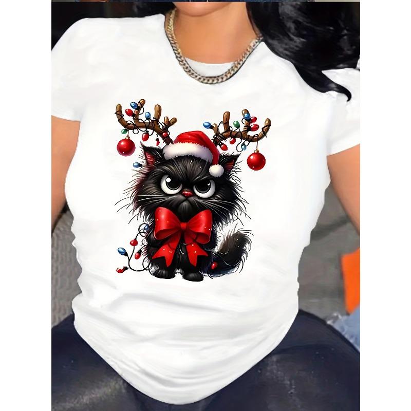 Women'S Christmas Cat T-Shirt with Santa Hat & Reindeer Antlers - Soft Short Sleeve Crew Neck Top, with Red Bow & Green Foliage Design,