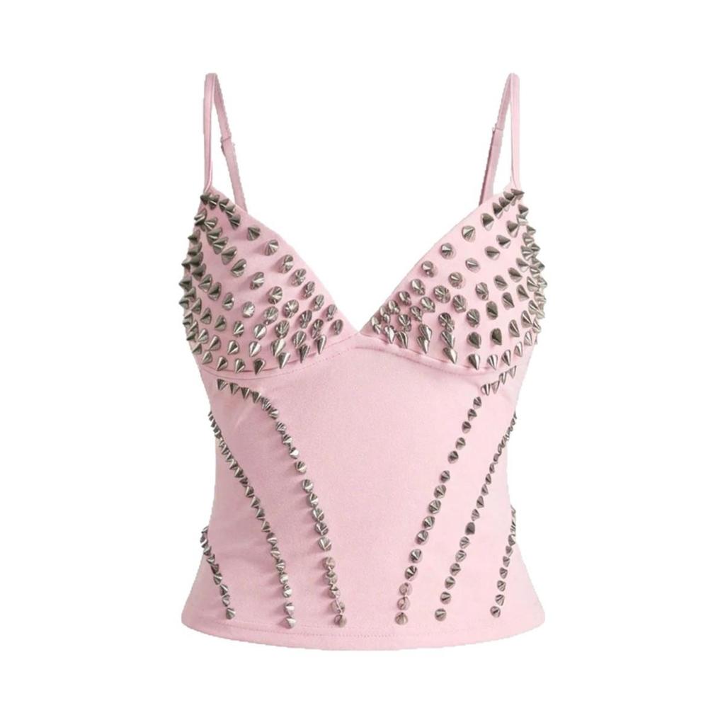Y2K Fashion Trend Pink & Silver Rivet Camisole - Waist-Cinching Cropped Vest
