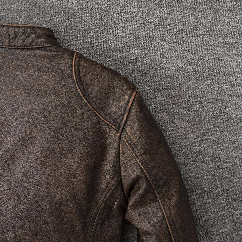 Vintage Yellow Brown Genuine Cow Men Leather Jacket Soft Slim Fit Short Slim Real Cowhide Bomber Coat Spring Autumn