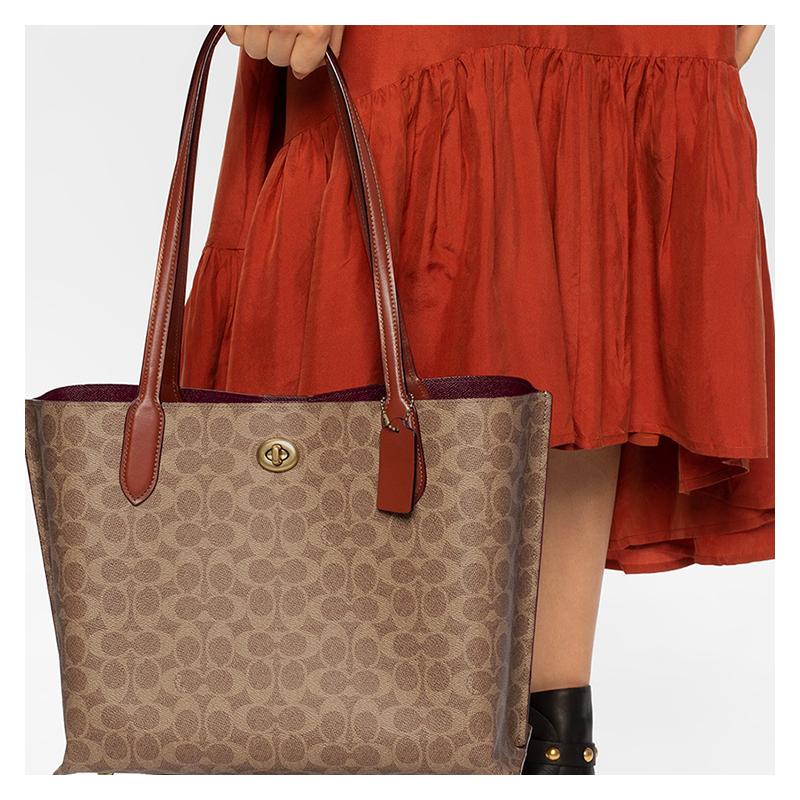 COACH Willow 34 presbyopia large capacity coated canvas and calfskin Tote bag Tote bag shopping bag hand-held shoulder bag large size women's brown