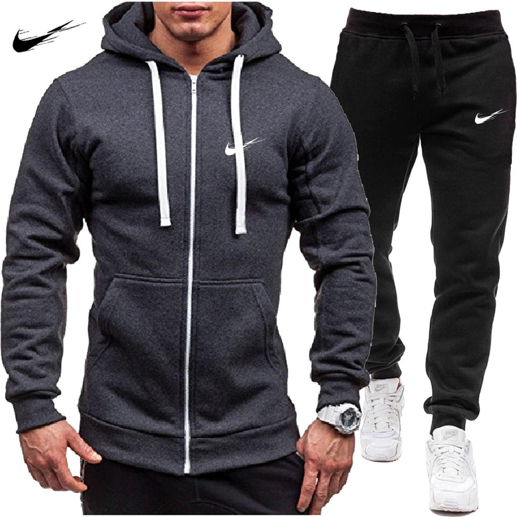 Navy Blue 2024 New Casual Sweatshirt Zipper Hooded Sweatshirt Jacket Men's Solid Color Cardigan Sports Men's Sweatshirt Set