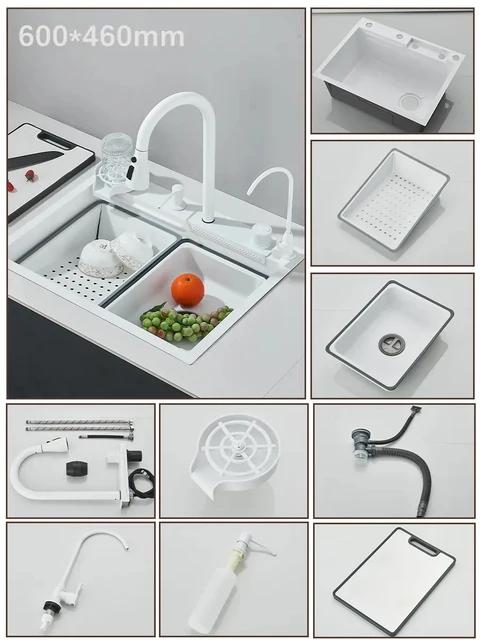 304 Stainless Steel Brushed Waterfall Kitchen Sink 4-Hole Large Single Slot Integrated Faucet Set Soap Dispenser/Pure Water/Cup