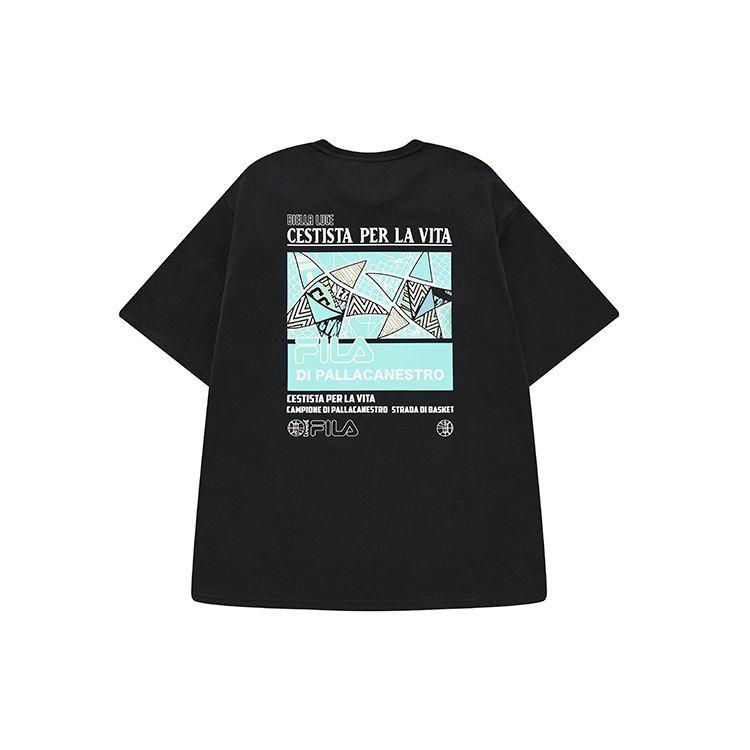 Fila Fusion Letter Print American Retro Sports Casual Loose Round Neck Short Sleeve T-Shirt Men Tops Deep-Black T11M235102FBK