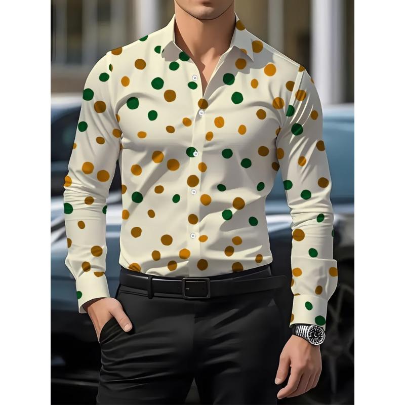 Men's Polka Dot Collar Long Sleeved Shirt Casual Shirt European and American Trend Daily Commuting Formal Top